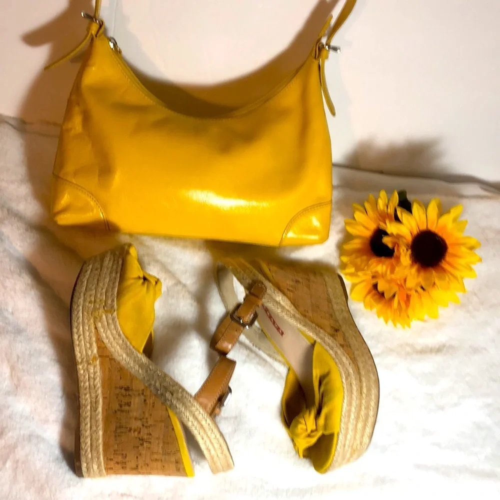 PRADA Suede Wedges & Matching Leather Purse in Sunny Butter Yellow